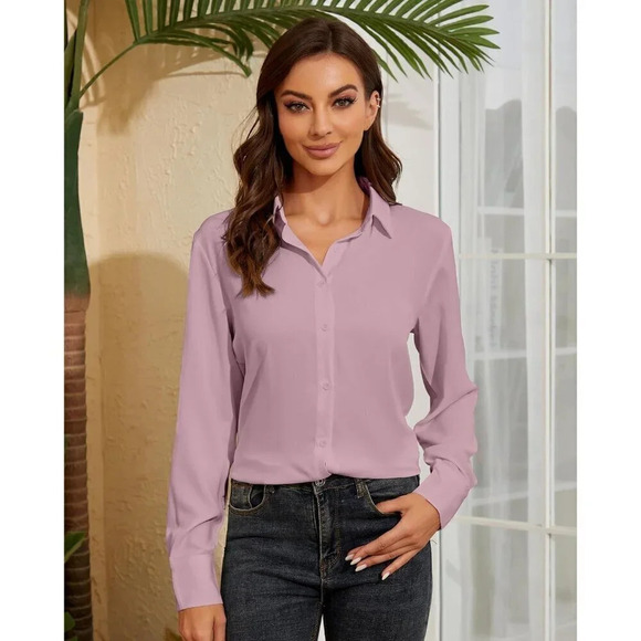 Women's Pink Chiffon Long Sleeve Collared Tops Lady Button Down Shirts - Picture 4 of 5